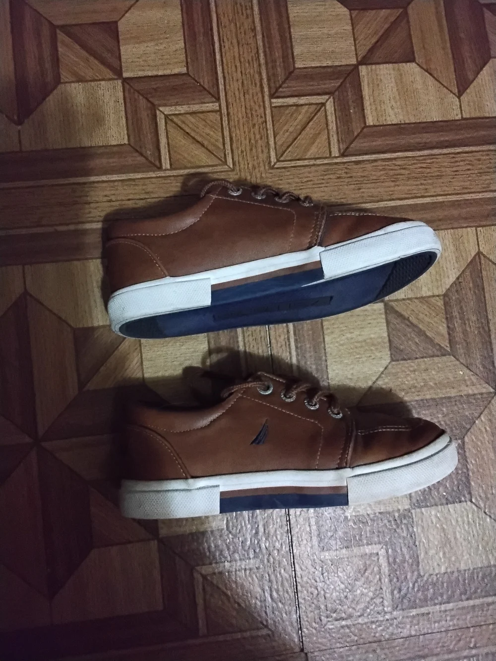 Nautica Boys Tan Brown Leather Boat Sneakers with Navy Accent